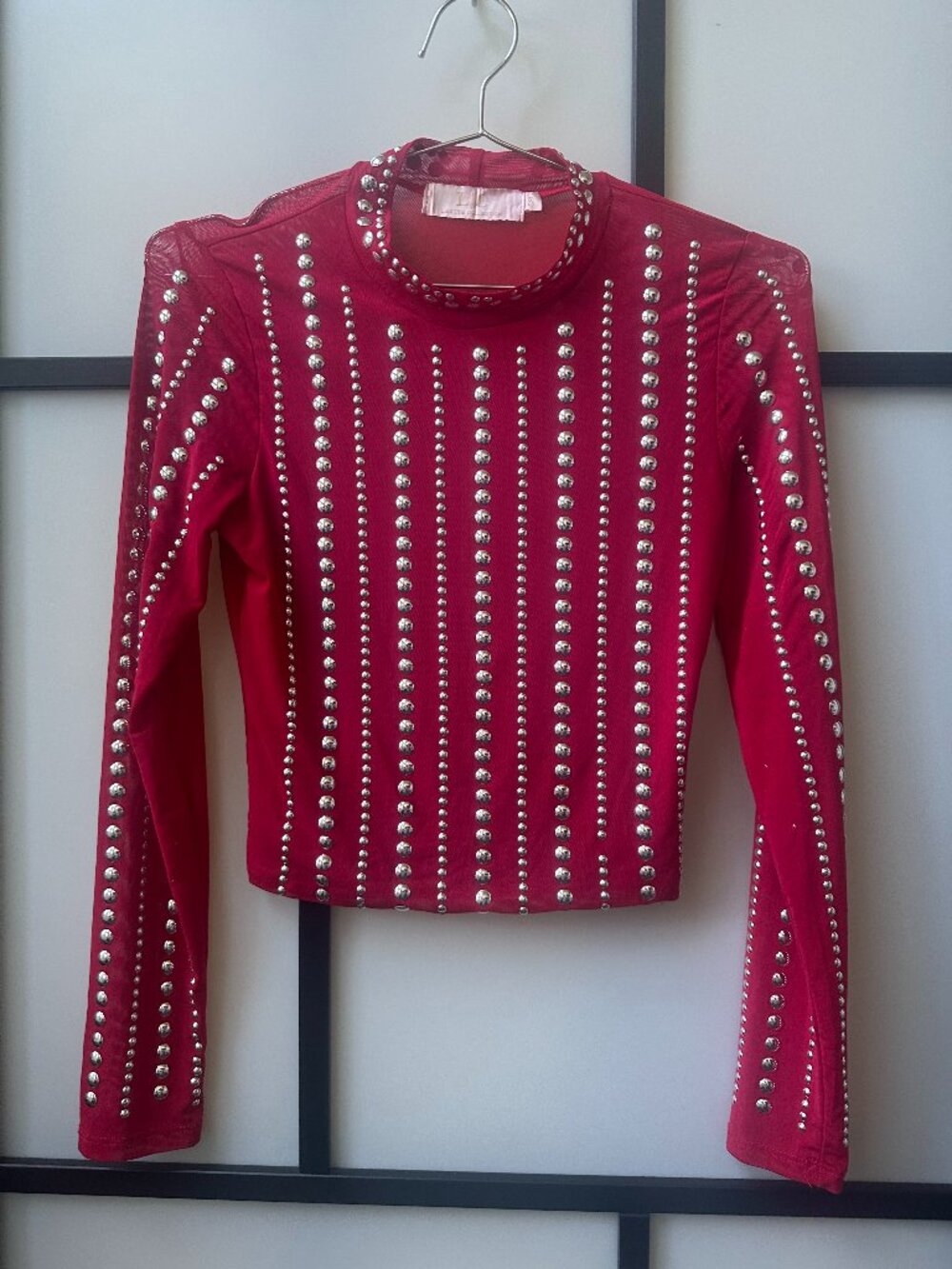 Y2K Vintage Red Mesh Metal Studded Sheer Long Sleeve Top Sz S EUC